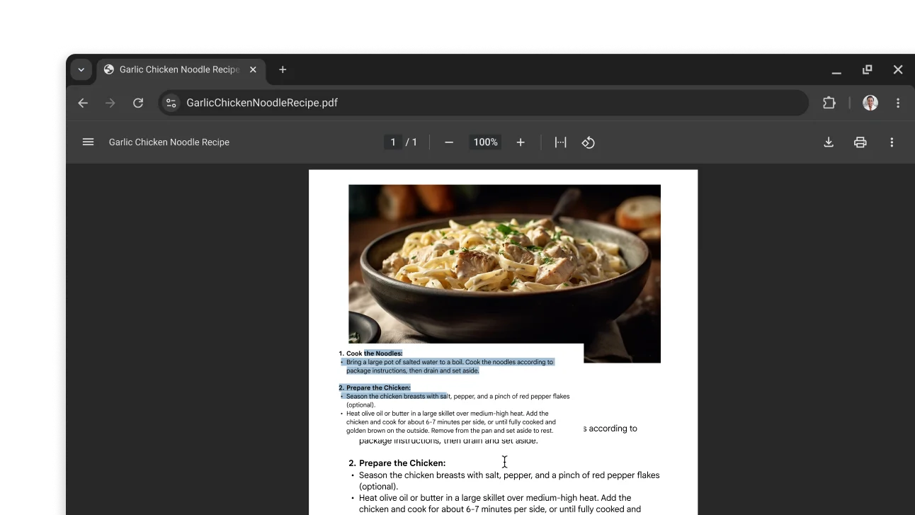 A PDF featuring a recipe is open in a Chrome browser window. The user has selected text within the PDF.